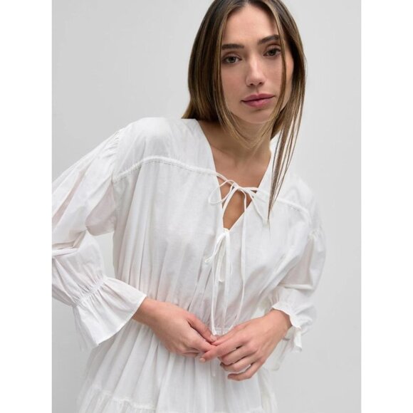 White Cotton Peasant Dress -Midi Length Smocked Waist Boho Style - Picture 2 of 4